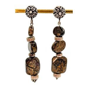 Vintage Brown Stone Sterling Silver Dangle Bead Post Earrings